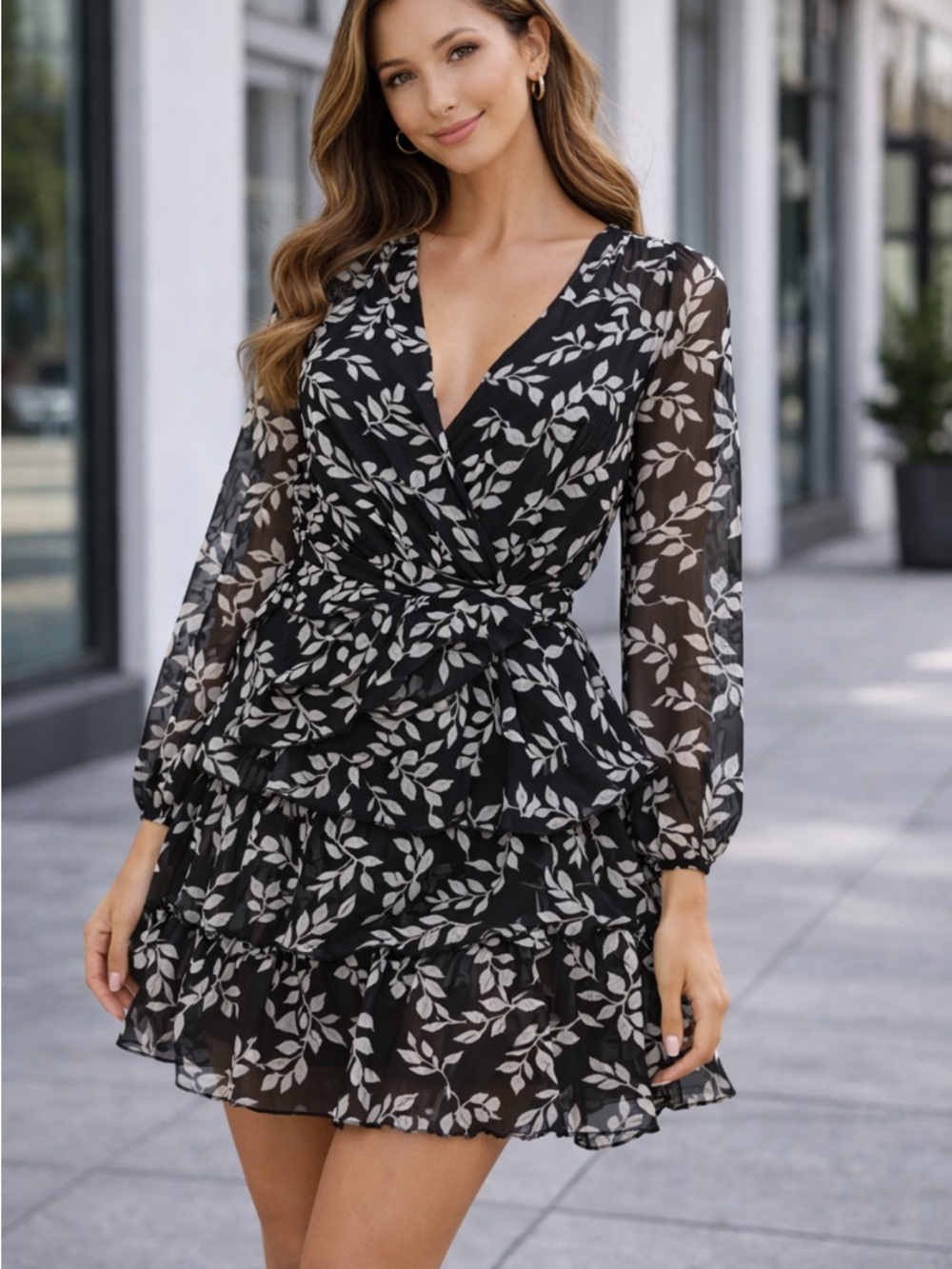 Black Leaf-Print V-Neck Tiered Mini Dress